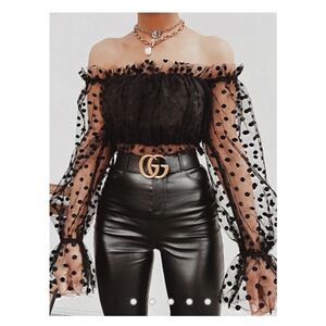 NWT Black ZicZac Greece Off-shoulder Lace Polka Dot Peasant Top S Puff Sleeves
